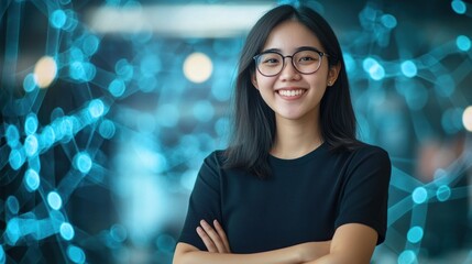 Aufkleber - A smiling young woman stands confidently with a tech-inspired background.