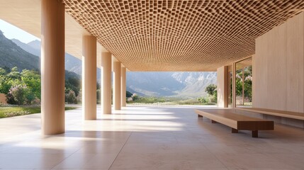 Poster - A spacious, modern architectural interior with wooden elements and a scenic view.