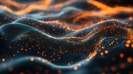 Poster - Abstract visualization of flowing waves with glowing particles, representing data or energy.