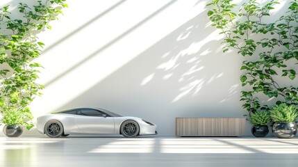 Leinwandbilder - A sleek car in a modern, plant-filled interior with natural light.