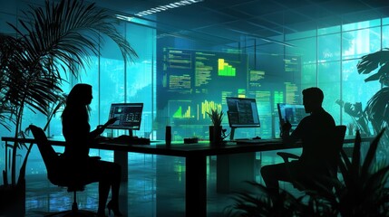 Aufkleber - A modern office scene with silhouettes of two individuals working on computers amid greenery.