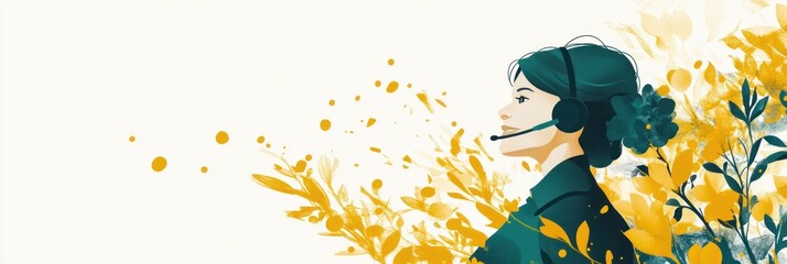 Aufkleber - A woman with a headset is surrounded by vibrant yellow foliage, symbolizing communication and support.