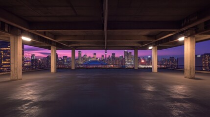 Poster - A panoramic view of a city skyline at sunset from an empty parking garage.