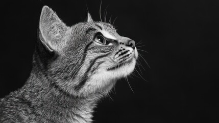 Poster - A close-up black and white portrait of a cat looking upwards.