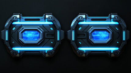Poster - Hud frames set for computer game ui isolated on black background. Vector realistic illustration of neon blue borders, futuristic scifi interface design elements, gaming menu box, abstract circuit chip