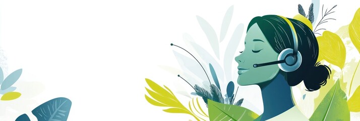 Aufkleber - A stylized illustration of a woman wearing a headset, surrounded by foliage, suggesting communication.