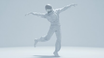 Poster - A stylized figure in a spacesuit performing a dance move in a minimalist environment.