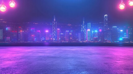 Poster - Futuristic city skyline at night with vibrant neon lights and reflections.
