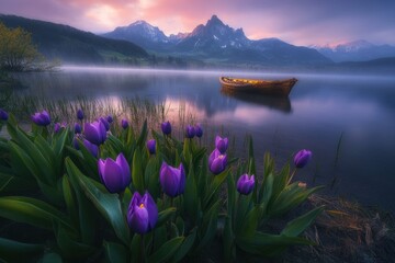 Poster - A serene lake scene with purple tulips and a boat against a backdrop of mountains at dusk.