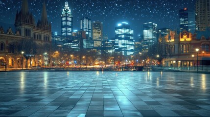 Poster - A nighttime cityscape featuring modern buildings and reflections on a wet plaza.