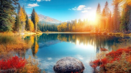 Poster - Serene lake surrounded by autumn foliage and mountains, reflecting sunlight and tranquility.