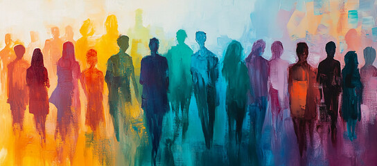 Poster - Vibrant silhouettes of diverse people create an artistic display of unity and connection in a colorful setting