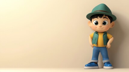 Poster - A cheerful cartoon boy in a hat and casual clothes stands against a plain background.