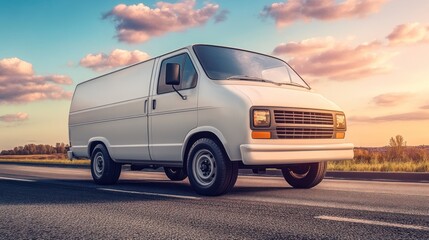 Poster - A white cargo van parked on a road with a scenic sunset backdrop.