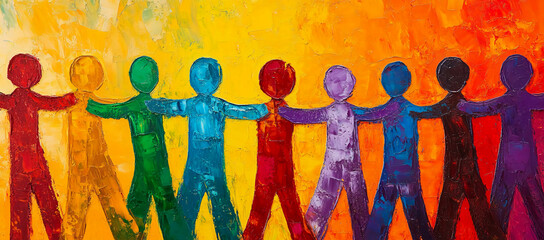 Leinwandbilder - Brightly colored figures holding hands together against a vibrant yellow to orange background in a celebratory display