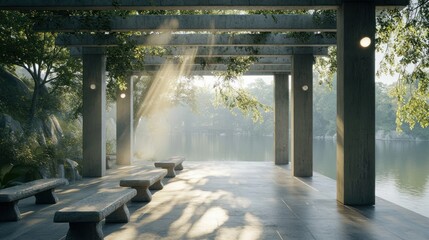Poster - A serene pavilion by a lake, featuring benches and soft sunlight filtering through trees.