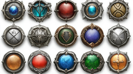 Poster - Buttons with fantasy frame for game UI design. Silver banners or title bars with decorative borders in ancient medieval style, vector cartoon set isolated on background