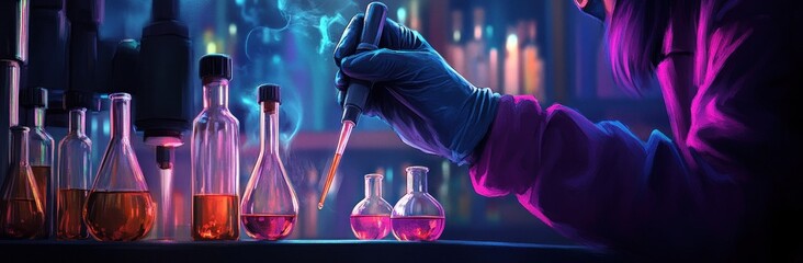 Poster - A scientist conducts an experiment with colorful liquids in a laboratory setting.