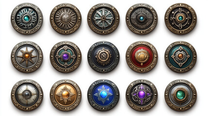 Poster - Buttons with fantasy frame for game UI design. Silver banners or title bars with decorative borders in ancient medieval style, vector cartoon set isolated on background