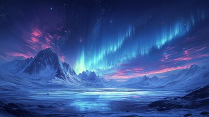 a vast icy tundra under the bright northern lights, with distant mountains reflecting this radiance
