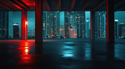 Poster - Urban nighttime scene with reflections and illuminated buildings.