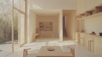 Poster - Modern minimalist interior showcasing a bright, open kitchen and dining area.
