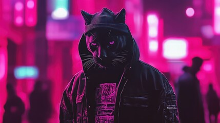 Aufkleber - A figure with a panther mask stands in a neon-lit urban environment, exuding a mysterious vibe.