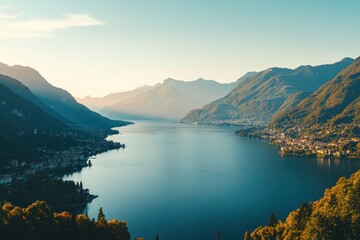 Poster - Serene landscape featuring a tranquil lake surrounded by mountains at sunset.