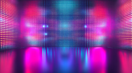 Poster - Led light screen concert or show background. Board wall stage with monitor glow tv pixel texture pattern. Digital television technology lcd projection studio for cinema or disco club performance.