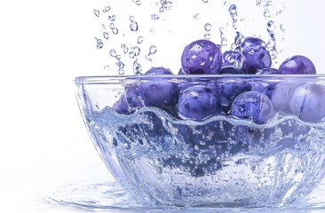 Poster - Fresh blueberries splashing into a clear bowl of water, creating dynamic droplets.