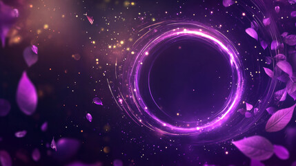 Poster - Purple light waves and circle with sparks and leaves motion effect. Magic glow with star dust and sparkles. Abstract flow, tornado vortex, isolated love magician spell Realistic 3d Vector illustration