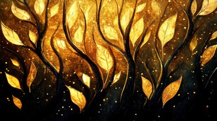 Wall Mural - Golden leaves and branches create an enchanting abstract forest illusion.