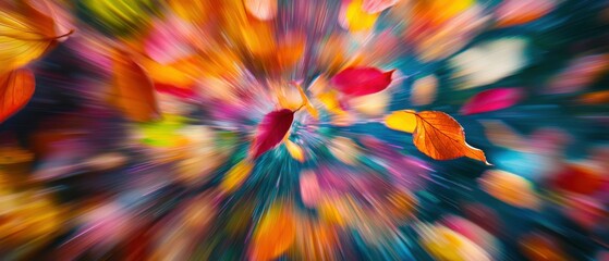 Poster - Vibrant autumn forest colorful leaves falling in dynamic nature scene