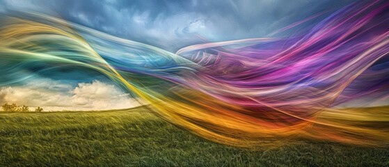 Poster - Swirling colorful wind representation above lush green fields abstract art nature vibrant landscape