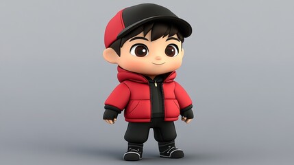 Leinwandbilder - A cute, stylized cartoon character wearing a red and black jacket and cap, ready for adventure.