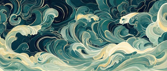 Poster - Flowing ink patterns swirling shades of green and blue in abstract art digital canvas creative space
