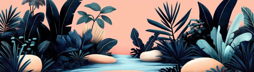 Wall Mural - tropical lush foliage with stones beside a serene water body, soft pastel background.