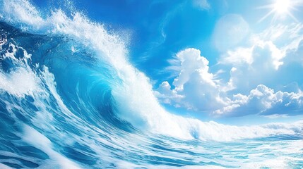 Wall Mural - Vibrant ocean wave with sunlight and clouds, capturing nature's beauty and power.