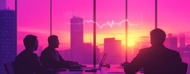 Aufkleber - Silhouettes of business professionals in a meeting against a sunset skyline with data visualization.