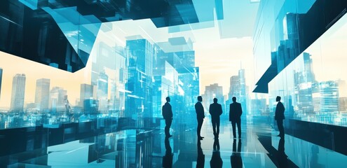 Poster - Silhouetted figures in a futuristic urban environment with transparent structures.