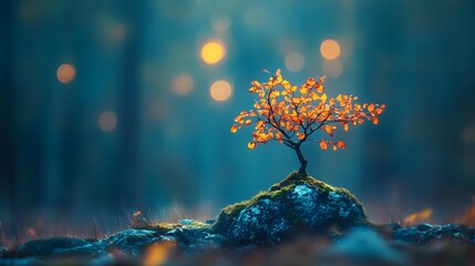 Wall Mural - Solitary autumnal tree on mossy rock.