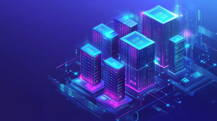 Poster - Data center, server room or database cloud storage blue vector background. Technology network in datacenter. Rack with computer equipment in tech warehouse. Cyber security and bigdata service.
