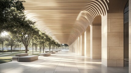Poster - A serene architectural space with arches, trees, and benches in a tranquil environment.