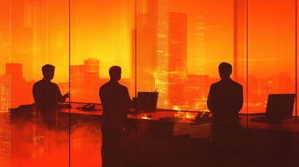 Leinwandbilder - Silhouettes of professionals against a vibrant city skyline at sunset.
