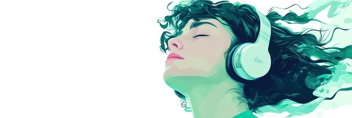 Poster - A woman with curly hair enjoys music through headphones, immersed in her experience.