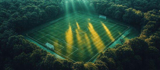 Wall Mural - Aerial view of a soccer field in a forest at sunrise.