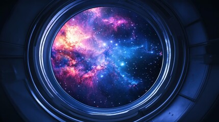 Wall Mural - cosmic nebula visible through a circular spaceship window, intricate and sharp textures, serene and 