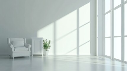 Poster - A minimalist interior featuring a white chair, cabinet, and a plant with natural light.