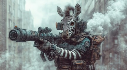 Poster - A zebra in military gear holds a sniper rifle in a smoky, urban environment.