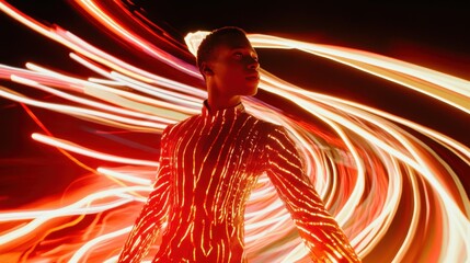 Charismatic ringmaster in an electric carnival setting, surrounded by swirling lights and motion, wearing a sleek ensemble with bold red and gold contrasts